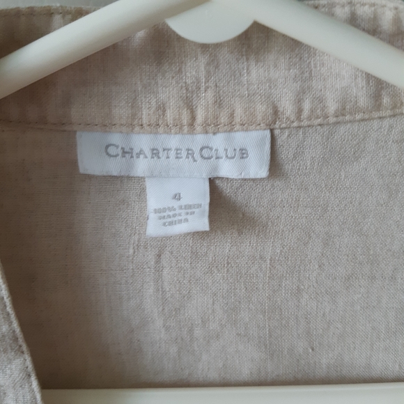 Linen tan top blouse shirt. Floral embroidery detail with mandarin collar Size 4 - Picture 2 of 6